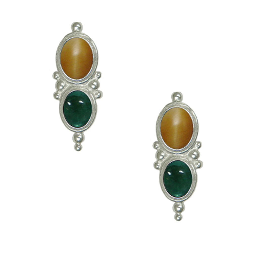 Sterling Silver Drop Dangle Earrings With Honey Tiger Eye And Fluorite